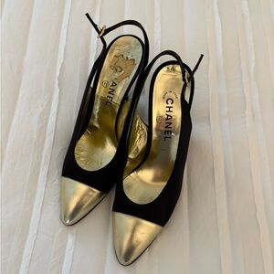 Chanel Black and Gold Women's Slingback Heels